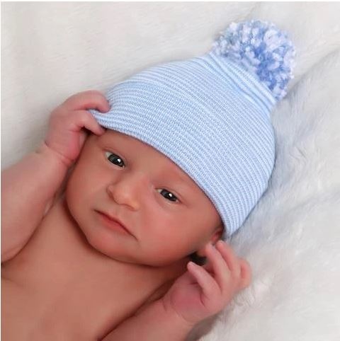 Ily Bean Light Blue Stripe Pom Newborn Hat