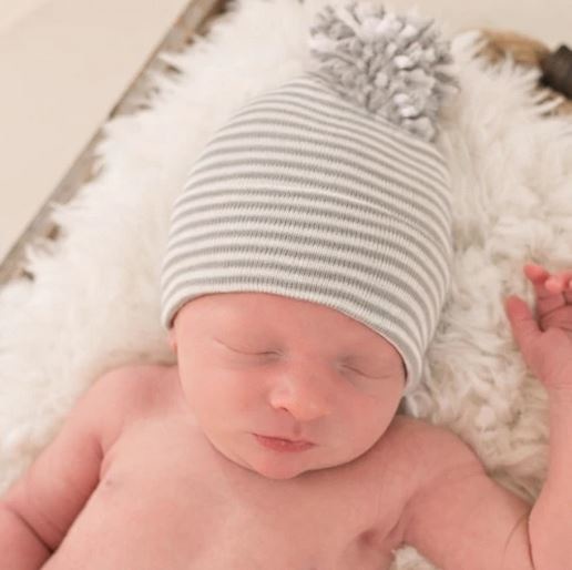 Ily Bean Grey Stripe Pom Newborn Hat