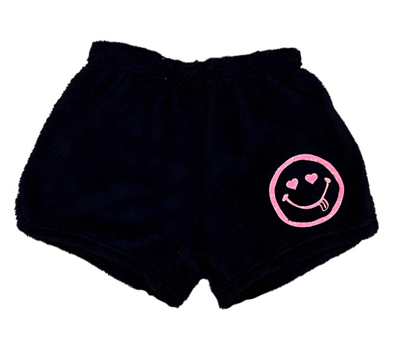 Love and Kisses Black Glitter Smiley Plush Shorts
