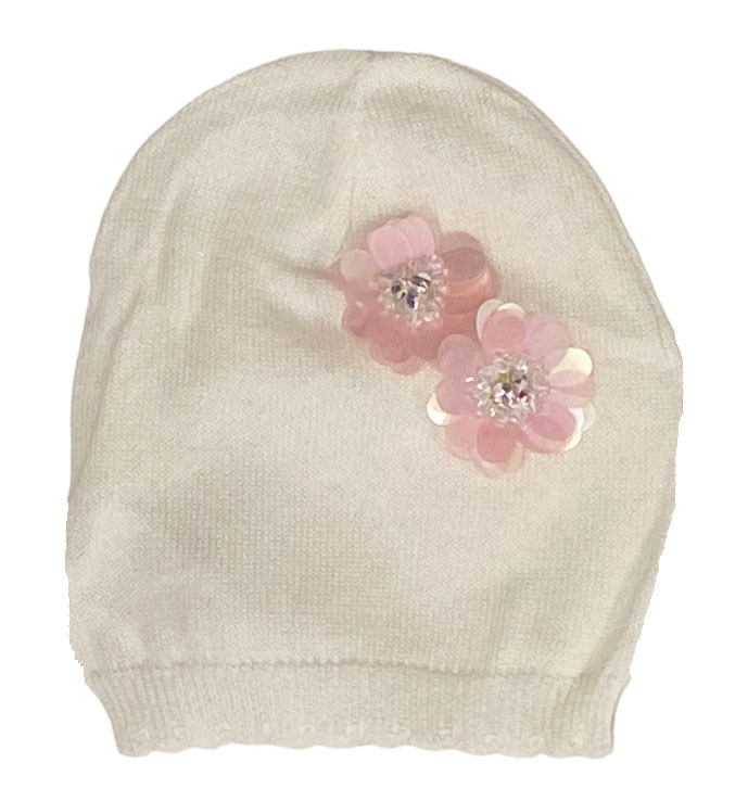 Bari Lynn Ivory w/ Pink Crystal Flower Infant Hat