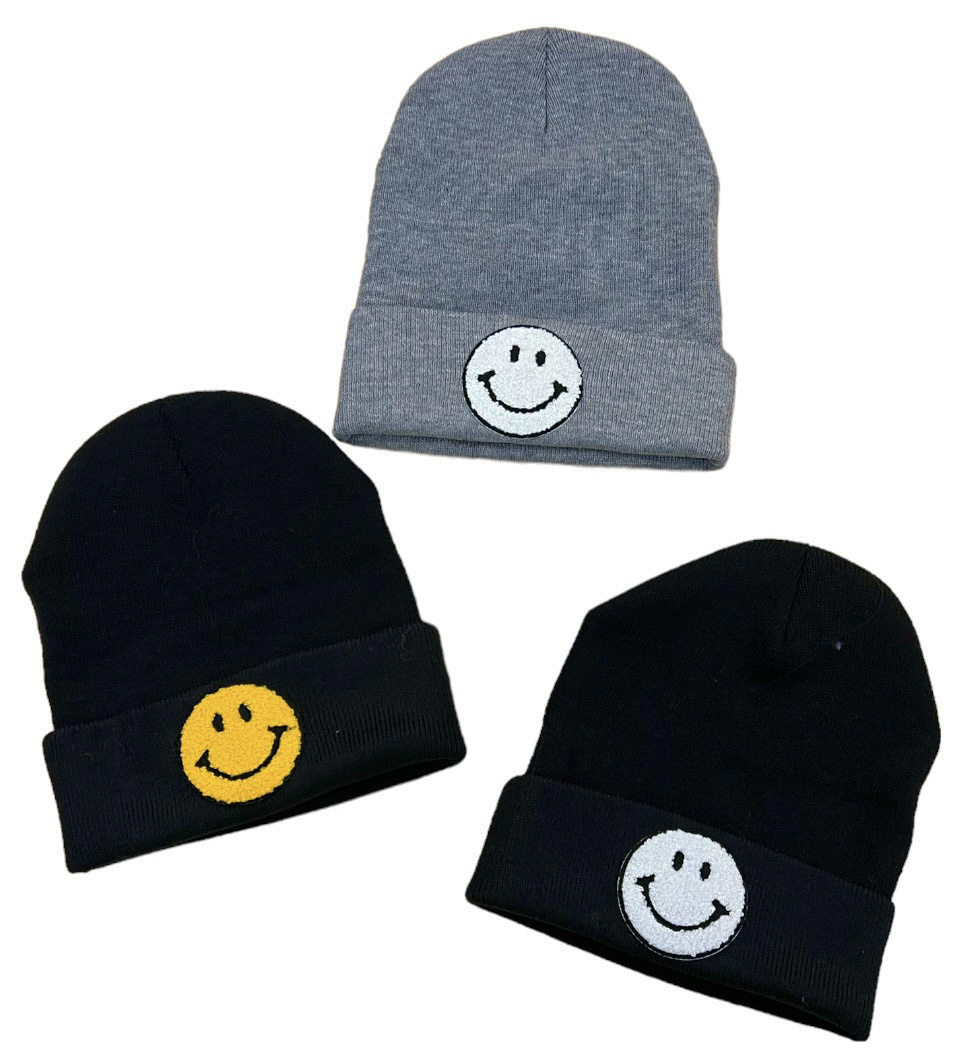 Chenille Smiley Patch Beanie