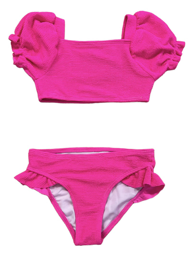 FBZ Neon Pink Puff Sleeve Crinkle Bikini