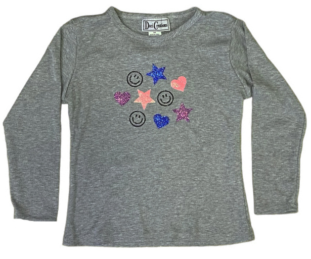 Dori Grey Mini Glitter Icons LS Ribbed Top
