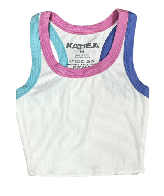 KatieJ NYC Pink/Peri Trim Livi Crop Tank Top