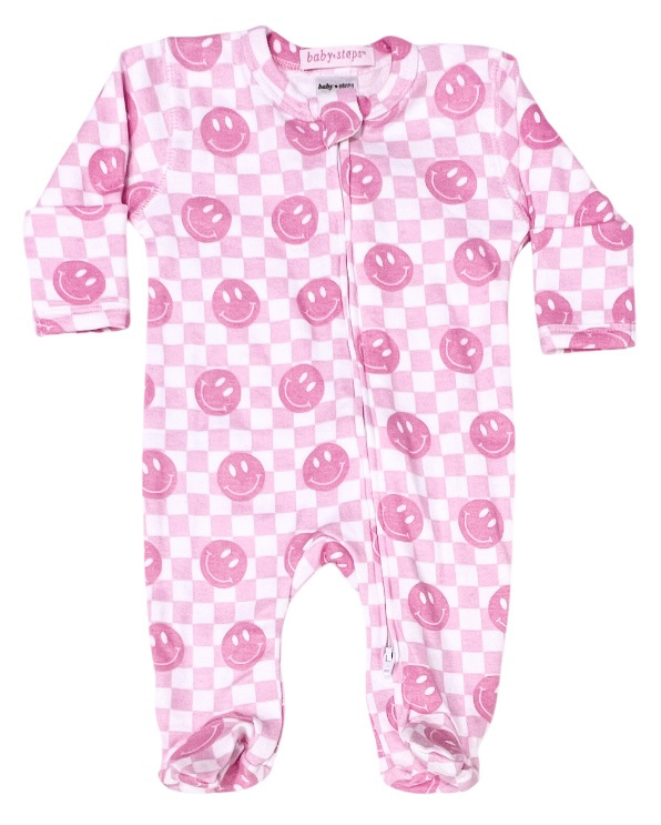 Baby Steps Pink Smile Check Footie