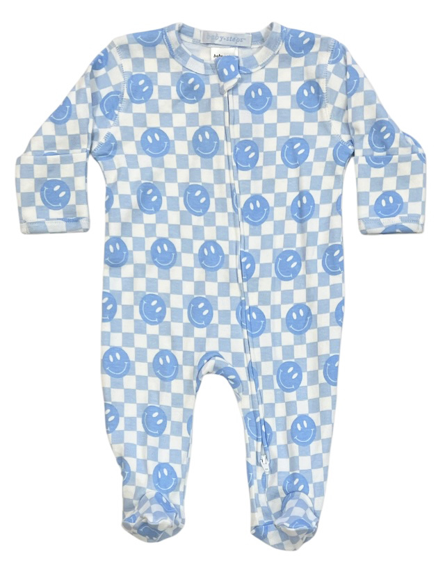 Baby Steps Blue Smile Check Footie