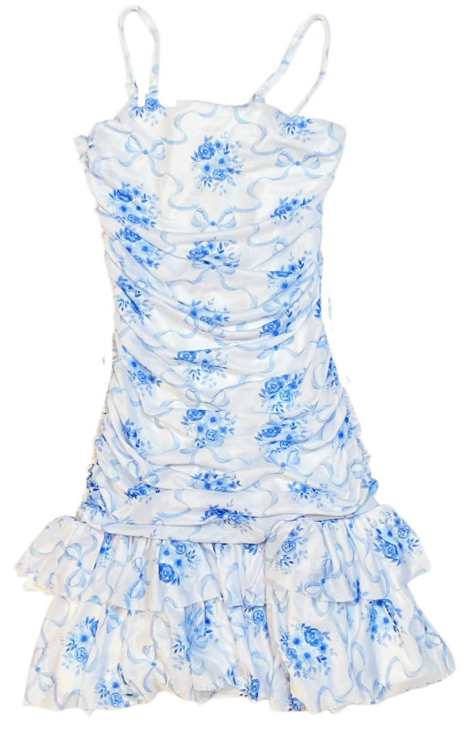 FBZ Blue Ribbon Floral Ruched Dress