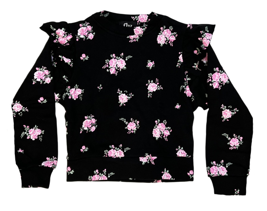 FBZ Pink Roses Ruffle Shoulder Sweatshirt