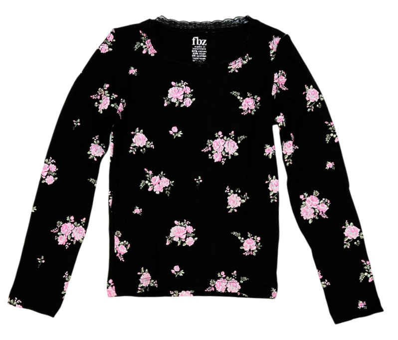 FBZ Pink Roses Lace Trim Ribbed Top