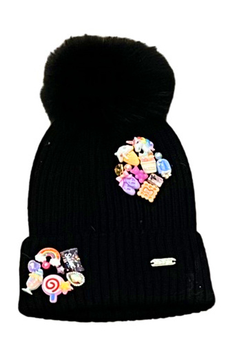 Bari Lynn Black Charms Pom Pom Hat