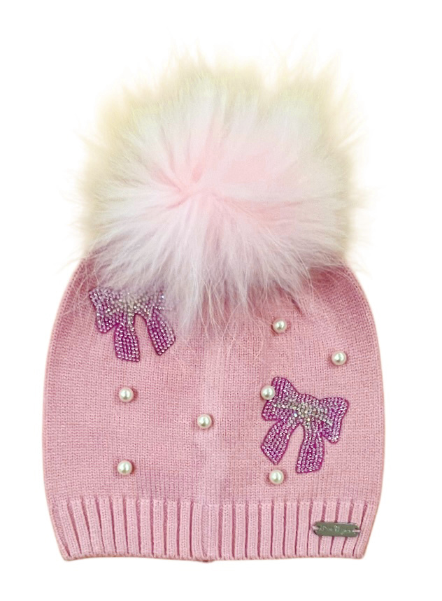 Bari Lynn Pink Bows&Pearls Pom Pom Hat
