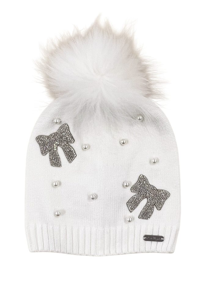 Bari Lynn White Bows&Pearls Pom Hat