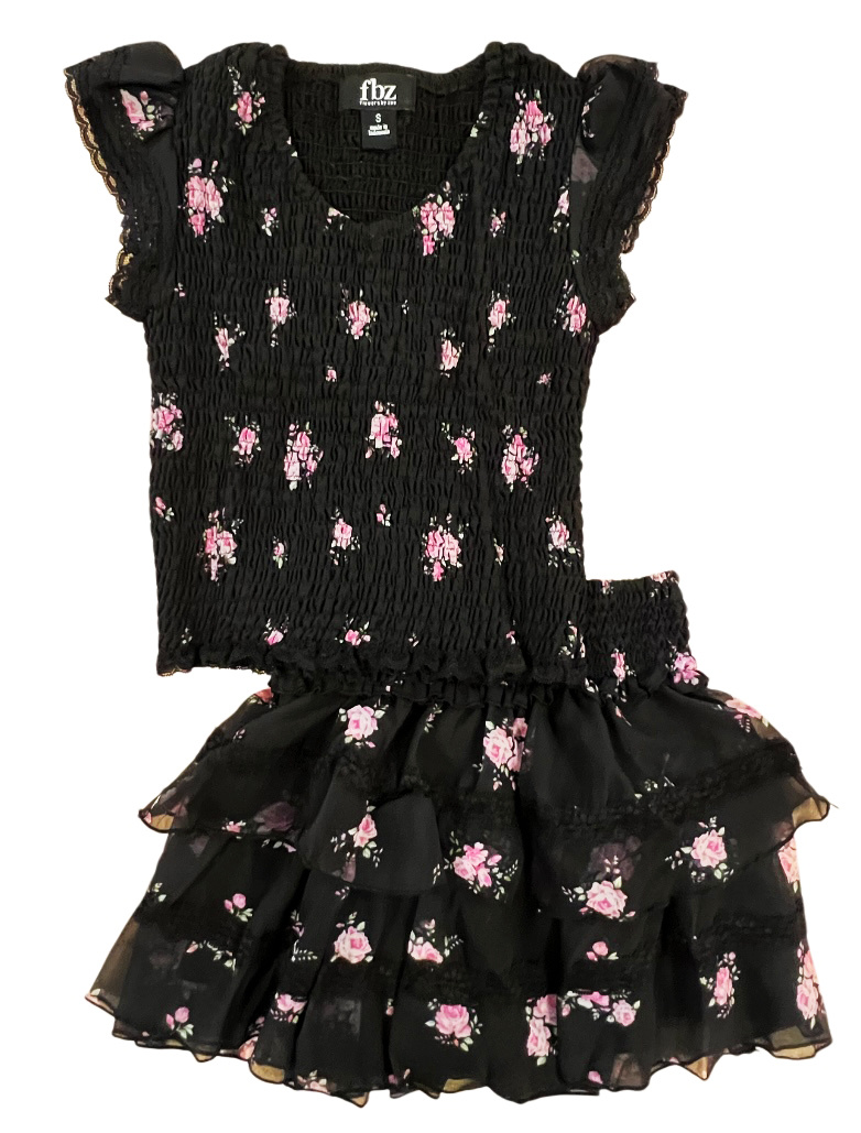 FBZ Metallic Black Rose Chiffon Skirt Set