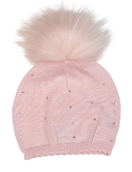 Bari Lynn Infant Knit Rhinestone Lt Pink Pom Hat