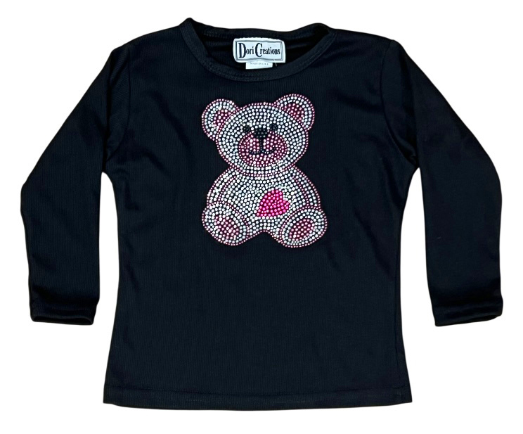 Dori Rhinestone Bear Black LS Ribbed Top
