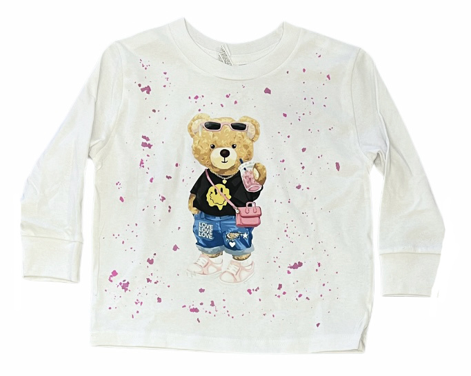 Rock Candy White Splattered Fancy Bear LS Tee