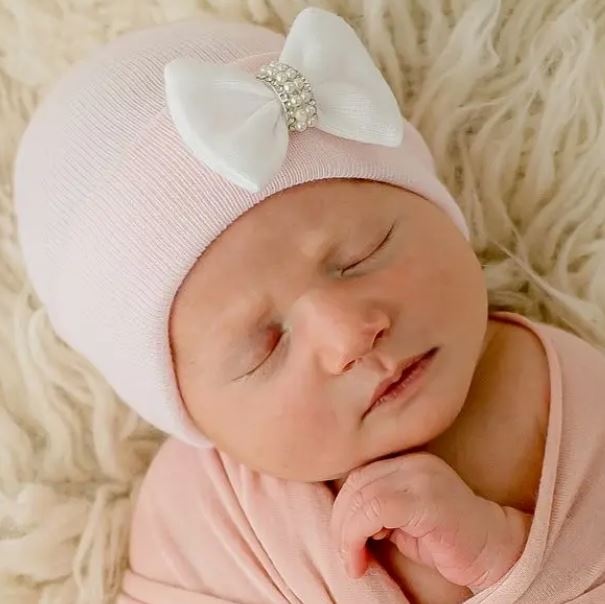 Ily Bean Pink/Wht Bling Bow Newborn Hat