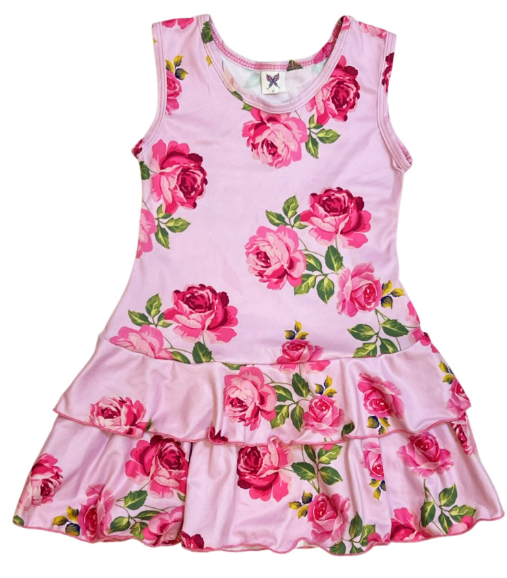 Social Butterfly Pink Roses Ruffle Tank Dress