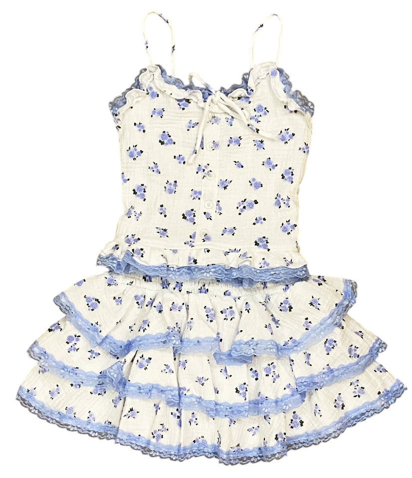 FBZ White/Blue Rose Gauze Skirt Set