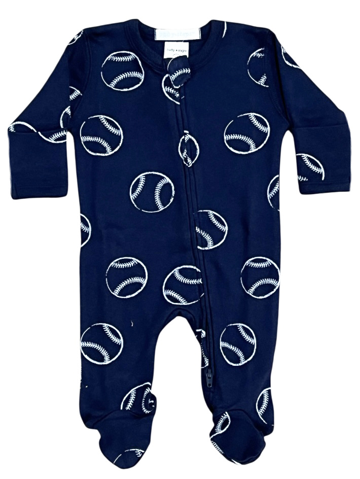 Baby Steps Navy Blue Baseballs Footie