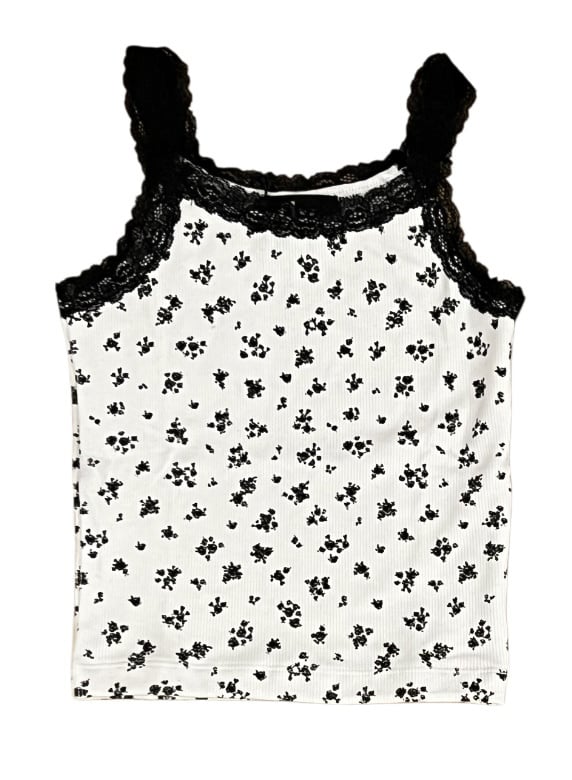 FBZ Black /White Floral Lace Trim Tank Top