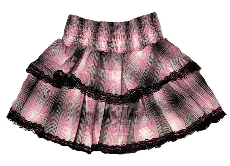 FBZ Pink/Blk Lace Trim Plaid  Skirt