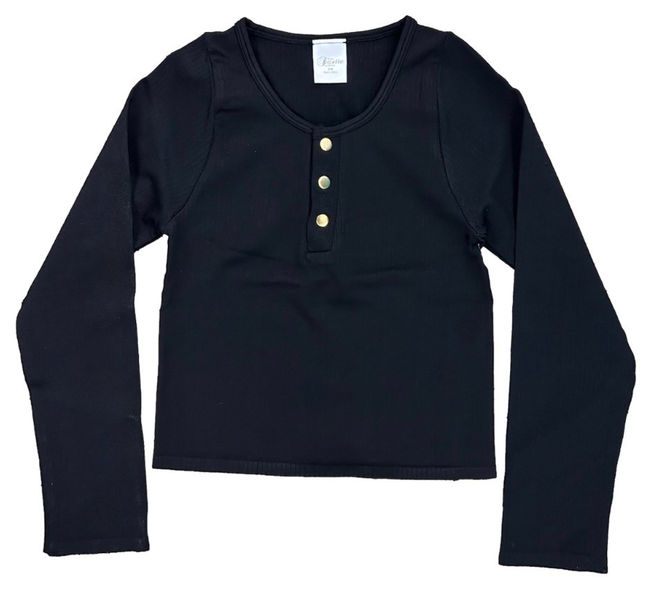 Suzette Black Seamless Rib Henley L/S Top