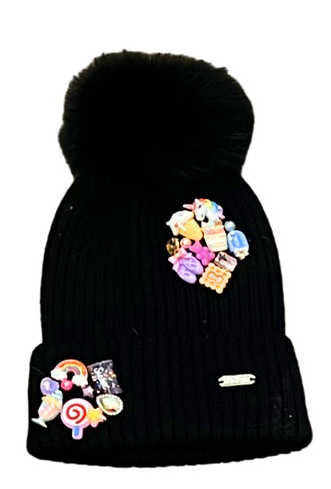 Bari Lynn Black Charms Pom Pom Hat
