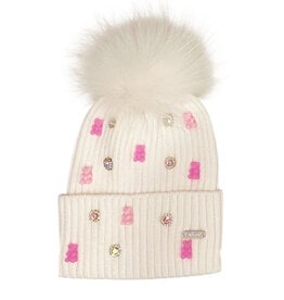 Bari Lynn White Gummy Bear Charm Pom Pom Hat