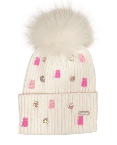 Bari Lynn White Gummy Bear Charm Pom Pom Hat