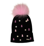 Bari Lynn Black Gummy Bear Charm Pom Pom Hat