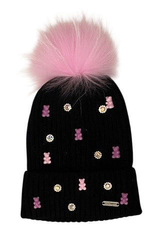 Bari Lynn Black Gummy Bear Charm Pom Pom Hat