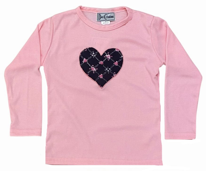 Dori Pink Diamond Roses Heart LS Ribbed Top