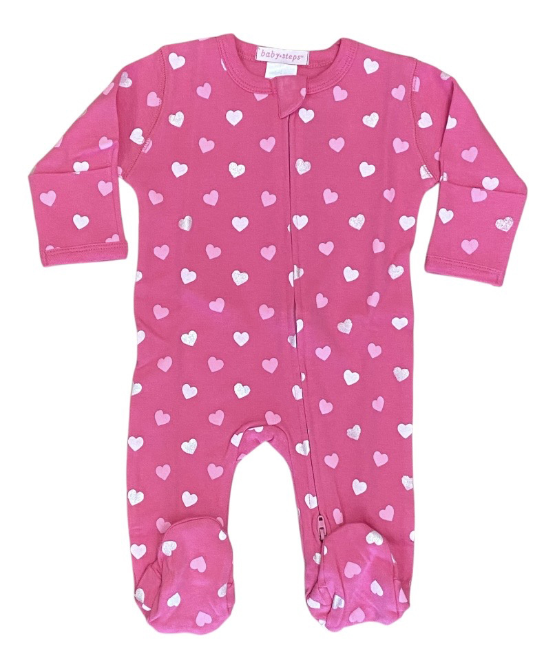 Baby Steps Hot Pink Glitter Hearts Footie