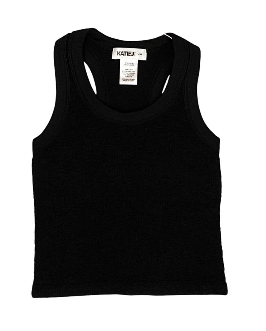 KatieJ NYC Black Smocked Racer Tank Top