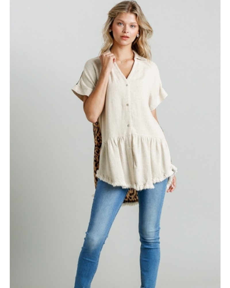 V-Neck Button Front Animal Print Top