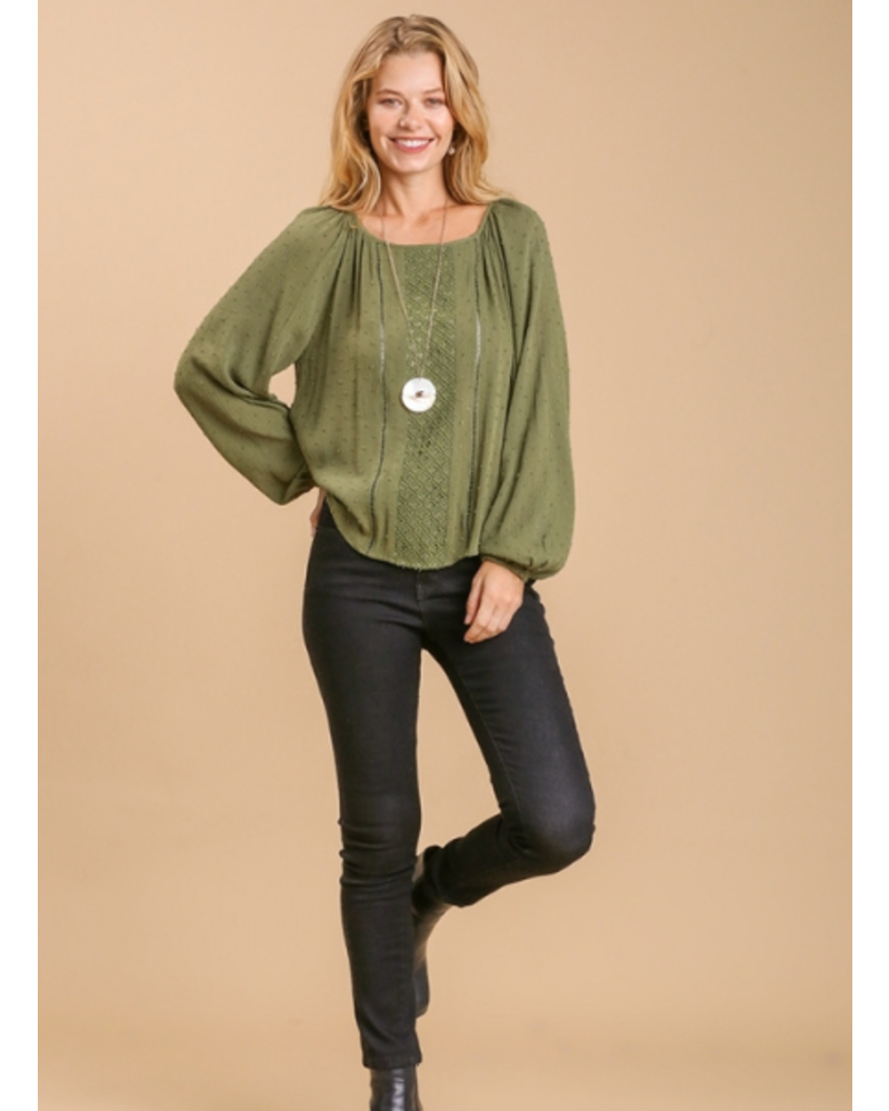 Swiss Dot Long Sleeve Top With Lace
