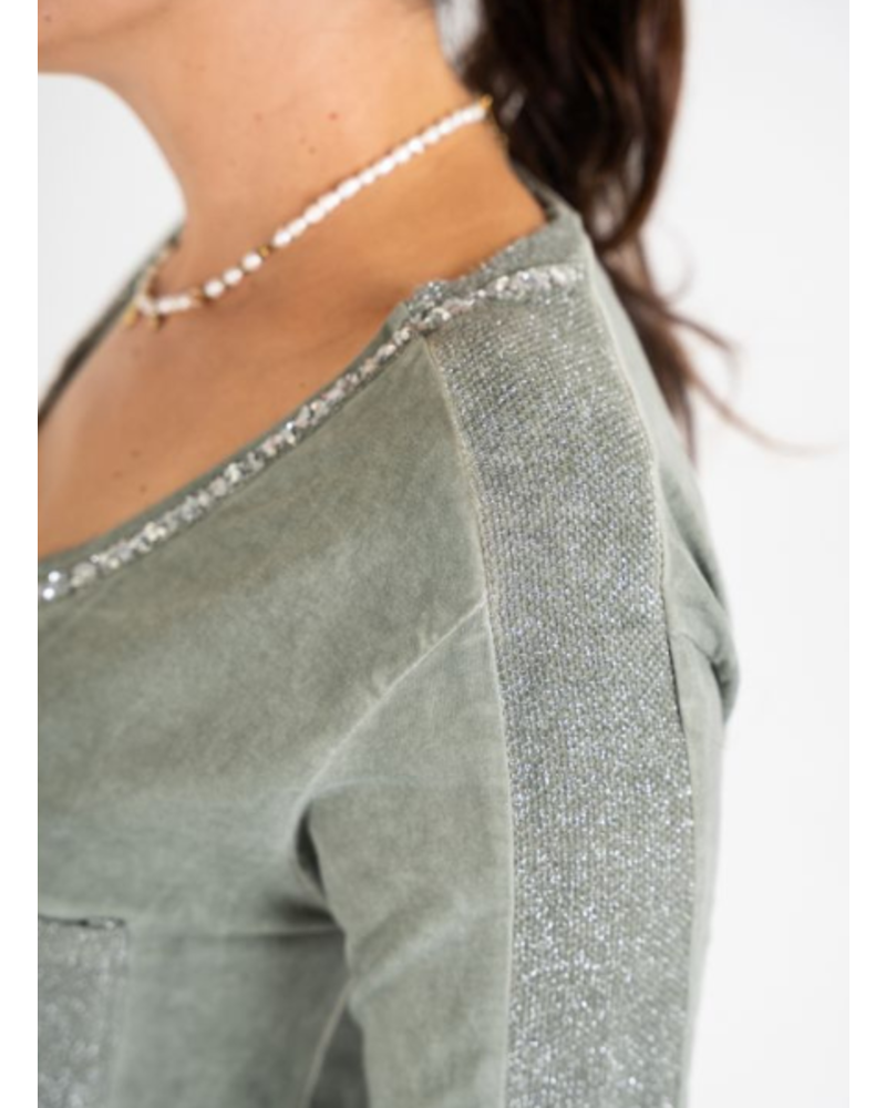 Silver Sequin V-neck Long Sleeve Top