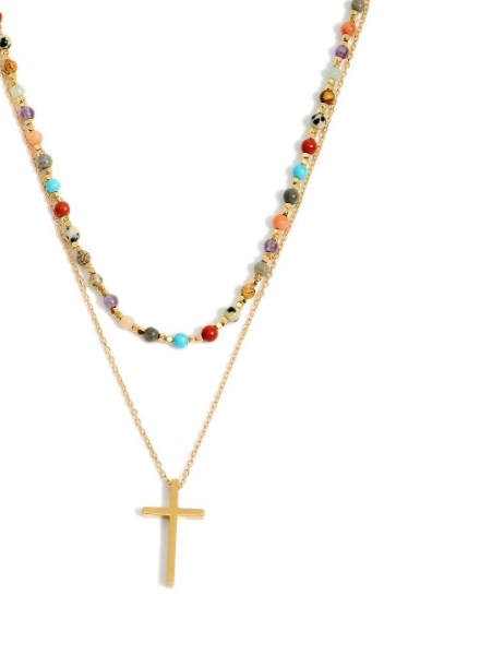 Dainty Layered Cross Necklace Beaded