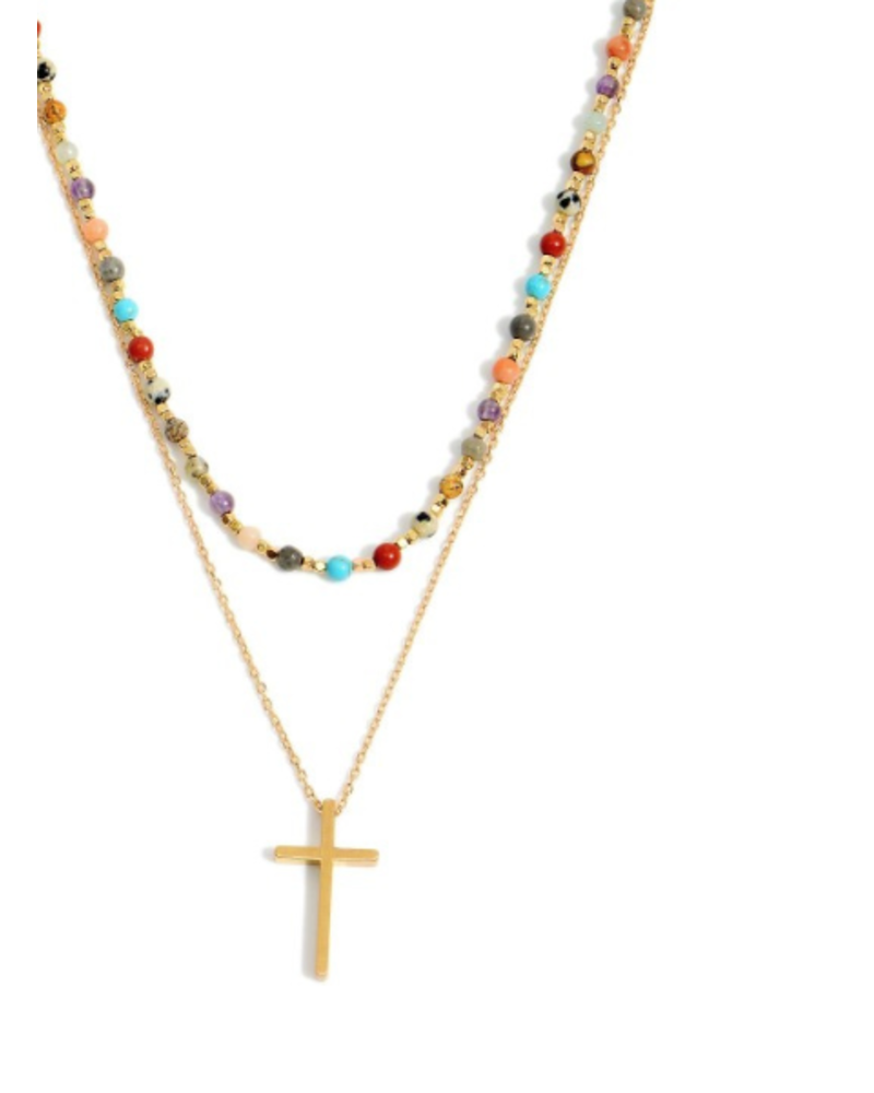 Dainty Layered Cross Necklace Beaded