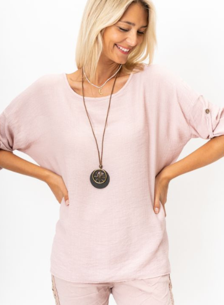 Linen Blend 3/4 Top with Sunflower Necklace