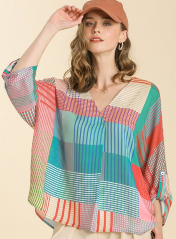 Colorful Plaid 3/4 Sleeve Top