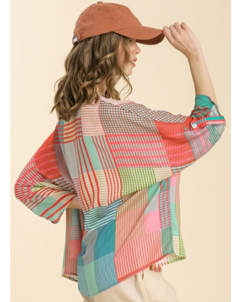 Colorful Plaid 3/4 Sleeve Top