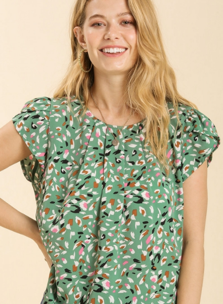 Animal Print Top with Tulip Short Sleeves