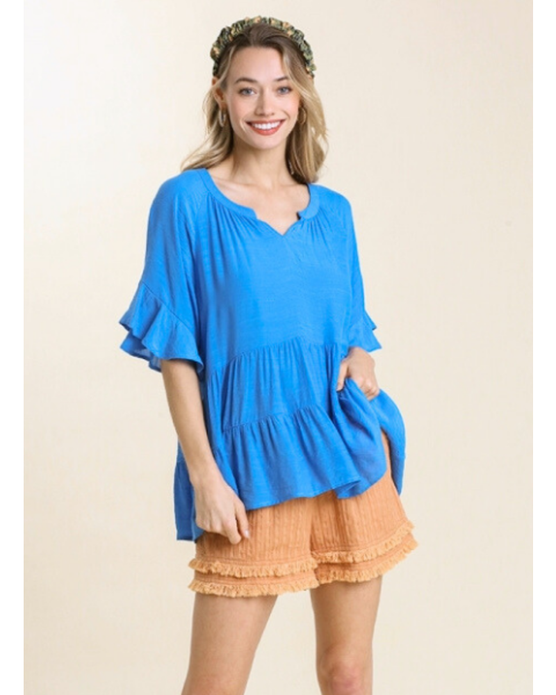 Tiered V-Neck Ruffle Sleeve Top (Plus Size Avail)