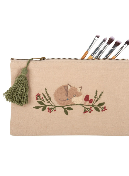 Fox and Mushroom Embroidered Zipper Pouch