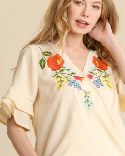 Embroidered Flower Cross Over Ruffle Sleeve Top