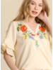 Embroidered Flower Cross Over Ruffle Sleeve Top