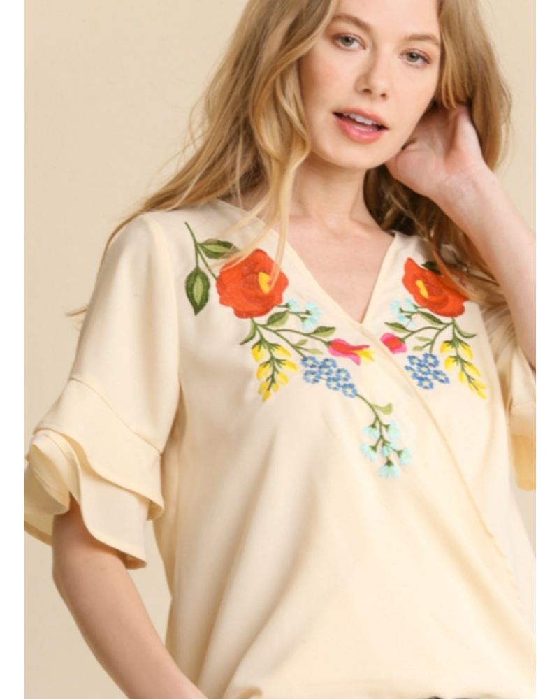 Embroidered Flower Cross Over Ruffle Sleeve Top