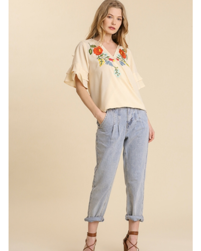 Embroidered Flower Cross Over Ruffle Sleeve Top